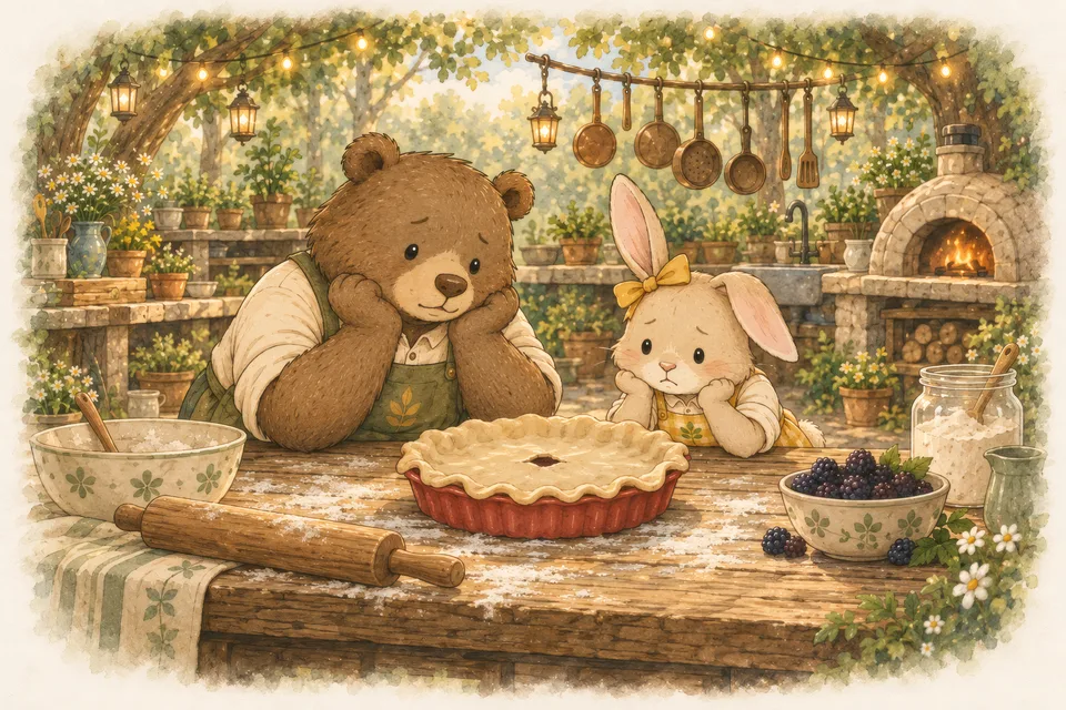 The Pie with a Window Benny the bear and Lily the bunny lean on the table and look sadly at a pie crust with a small tear