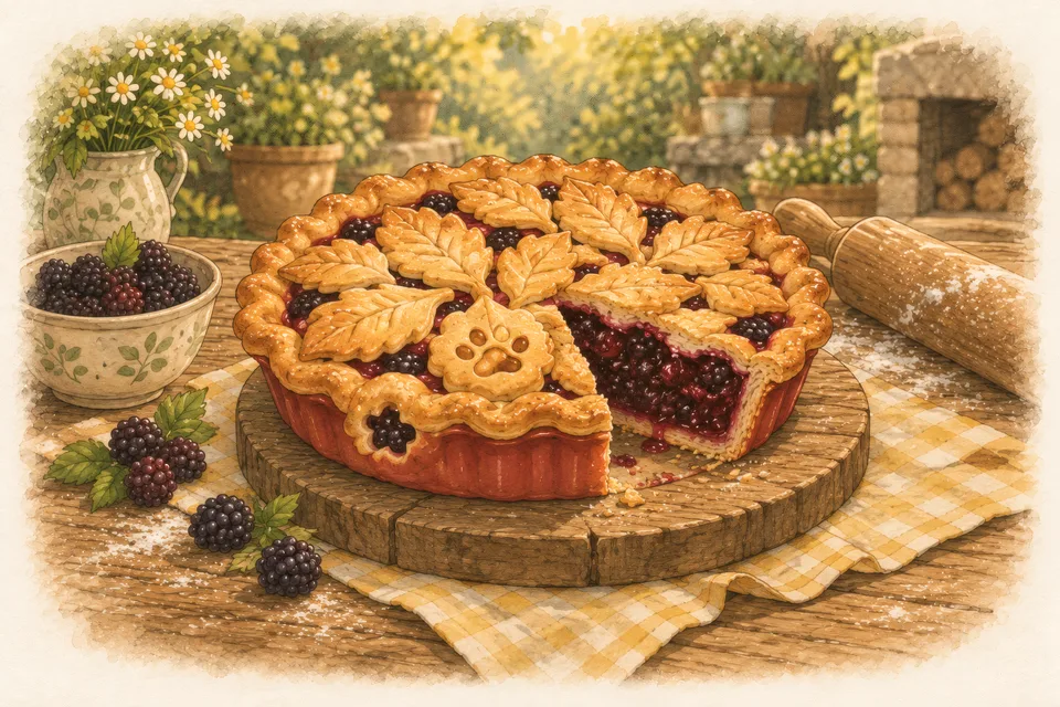 Berry Pie with a Window A golden berry pie decorated with pastry leaves, one slice cut out to show the dark berry filling