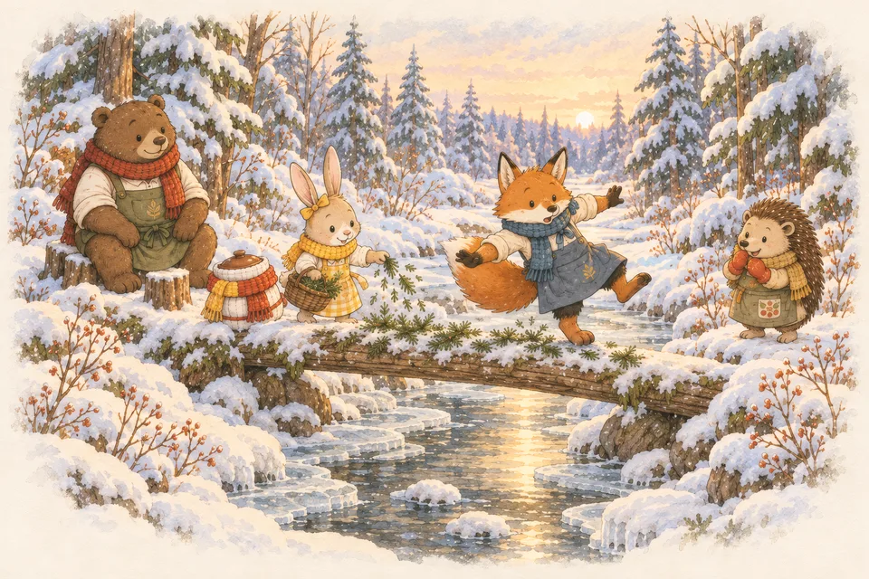 The Icy Stream Lily the bunny sprinkles fir needles on an icy log bridge over a frozen stream while her friends watch