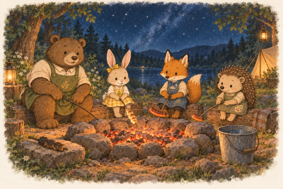 Bread on a Stick Lily the bunny holds spiral bread on a stick over glowing embers while Finley and Hazel roast sausages