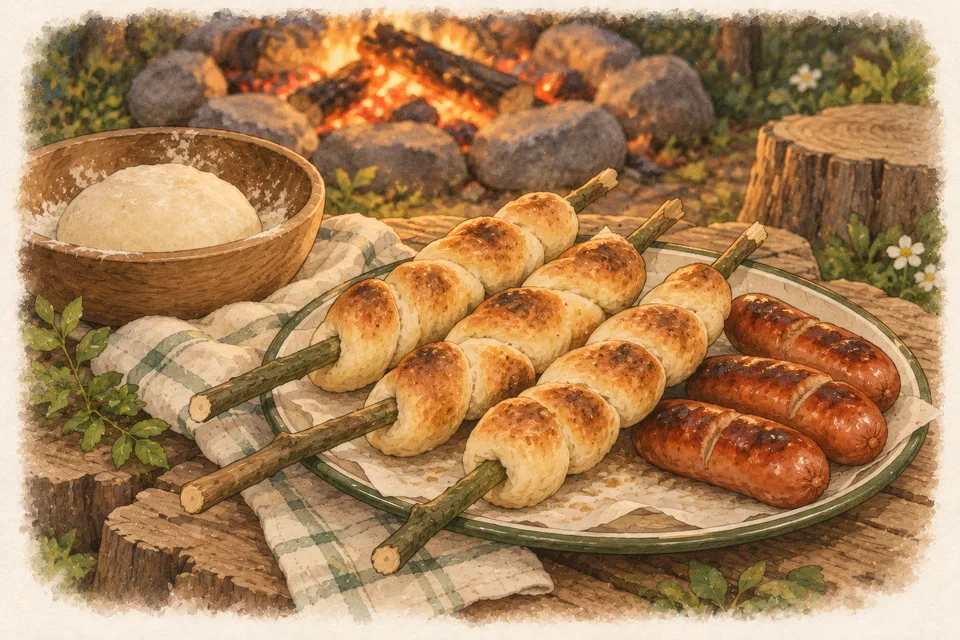 Campfire Twist Bread and Sausages Golden spiral twist bread on green sticks and roasted sausages on a camp plate