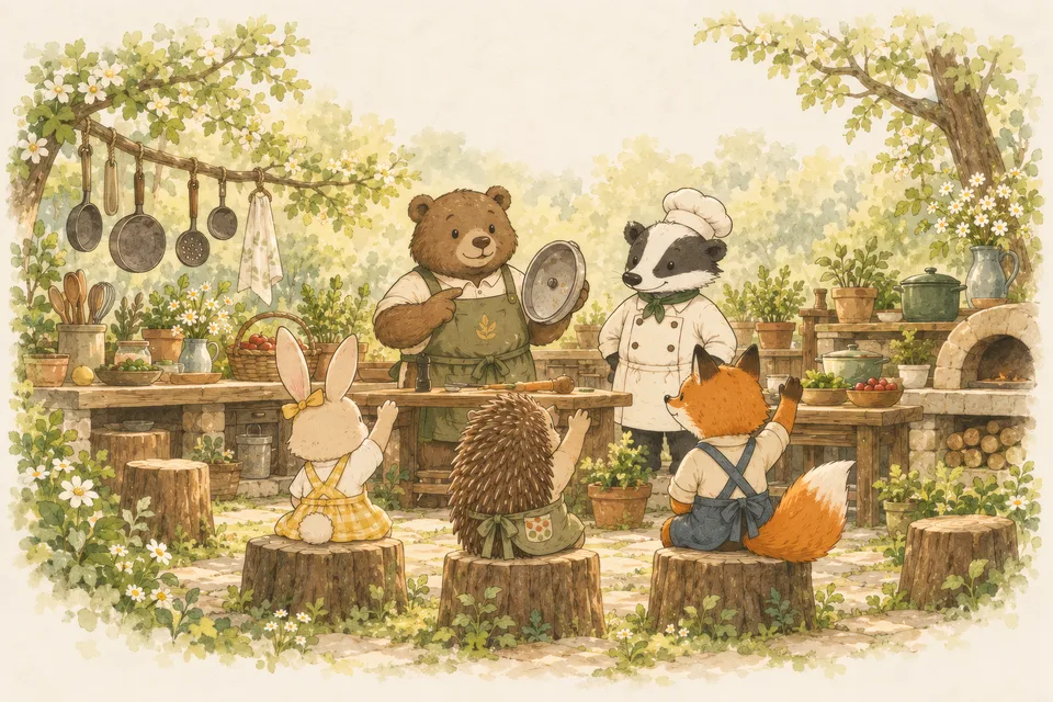 Lily, Hazel and Finley raise their paws to ask questions while Benny and Nico teach kitchen safety