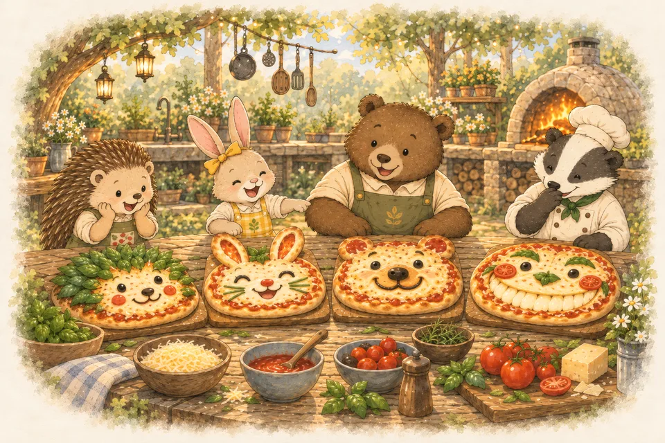 Pizza with Personality Benny, Lily, Hazel and Nico sit behind four homemade pizzas decorated like their own faces