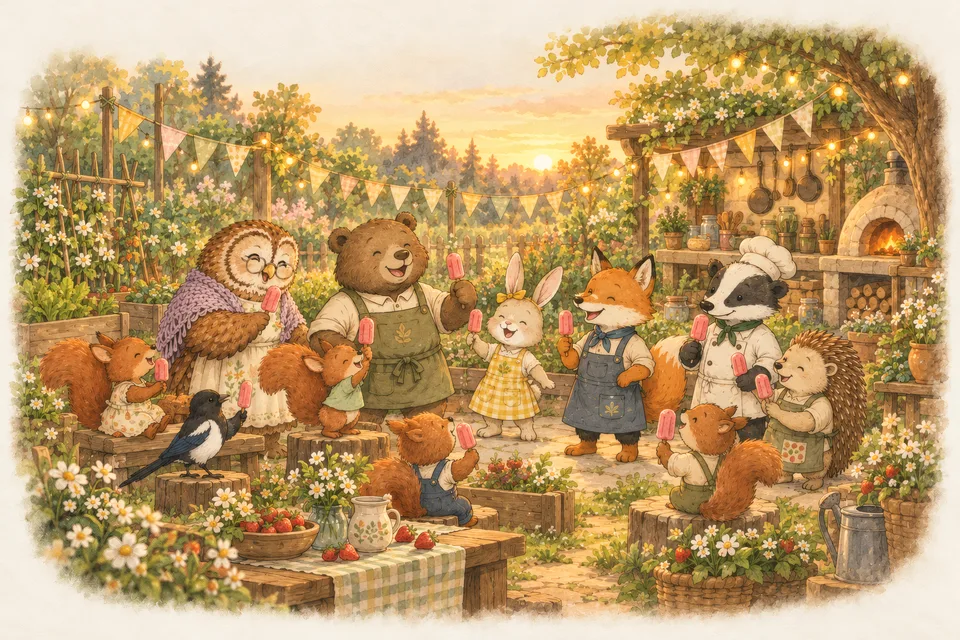 The First Strawberry Party A garden party with bunting and string lights; the friends and their guests hold pink strawberry ice pops