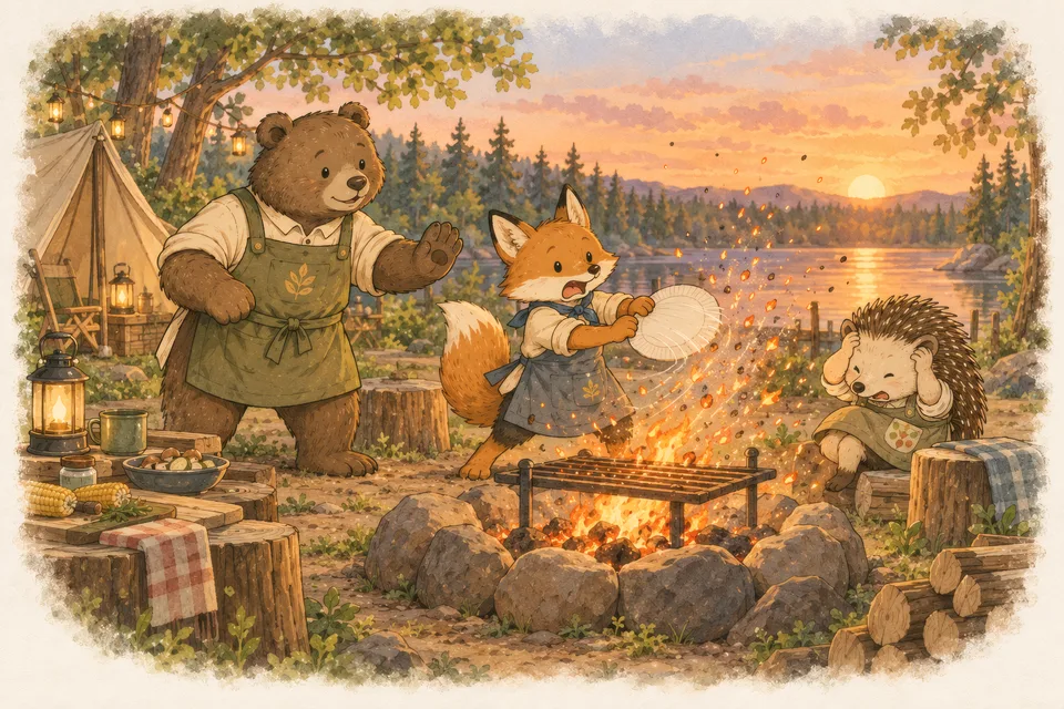 Finley the fox fans the coals and sparks fly up, while Benny calmly raises a paw to stop him