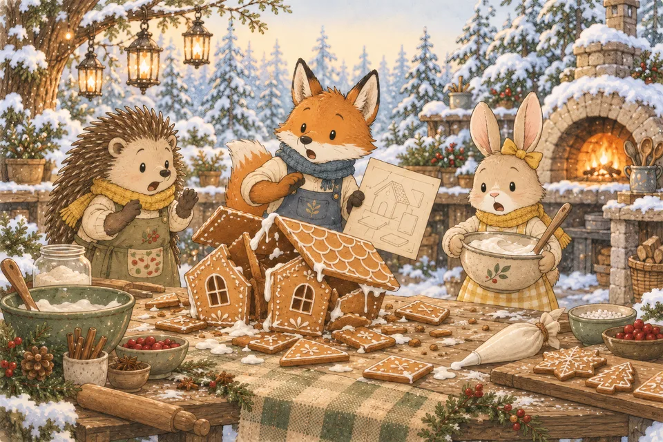 The Gingerbread Village A gingerbread house collapses on the table while Hazel the hedgehog and Finley the fox stare in surprise