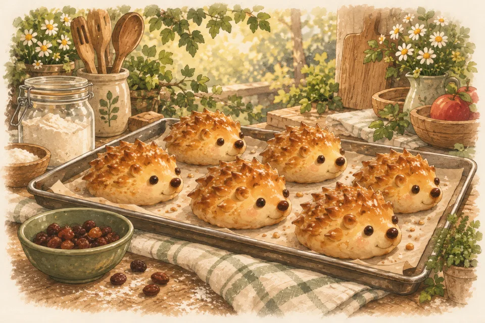 A baking tray of golden bread rolls shaped like hedgehogs, with snipped spikes and raisin eyes