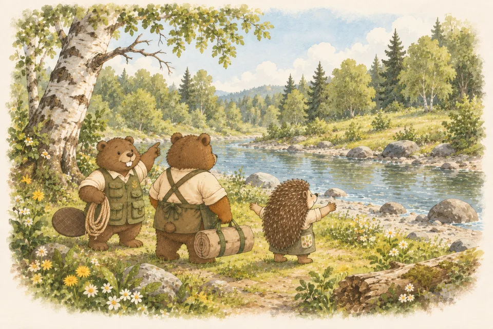 Where Should the Tent Live? Hazel the hedgehog chooses a tent spot at the water's edge while Benny and Bruno the beaver watch