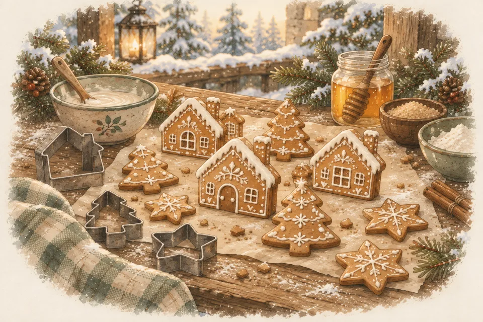 Honey gingerbread cookies shaped like little houses, fir trees and stars with white icing