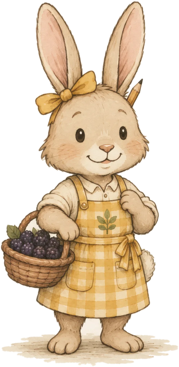 Lily the bunny with a yellow bow and yellow gingham apron, carrying a basket of blackberries
