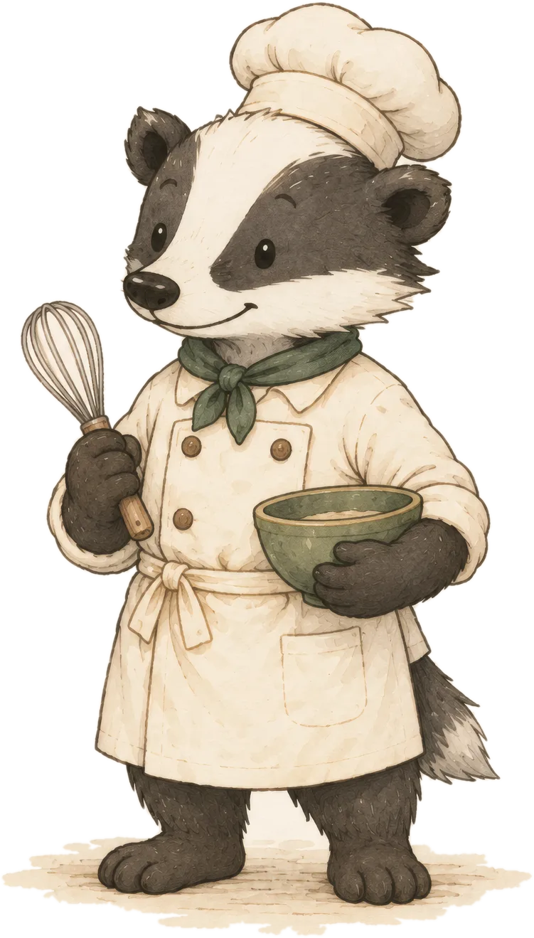 Nico the badger in a white chef jacket and hat, holding a whisk and a mixing bowl