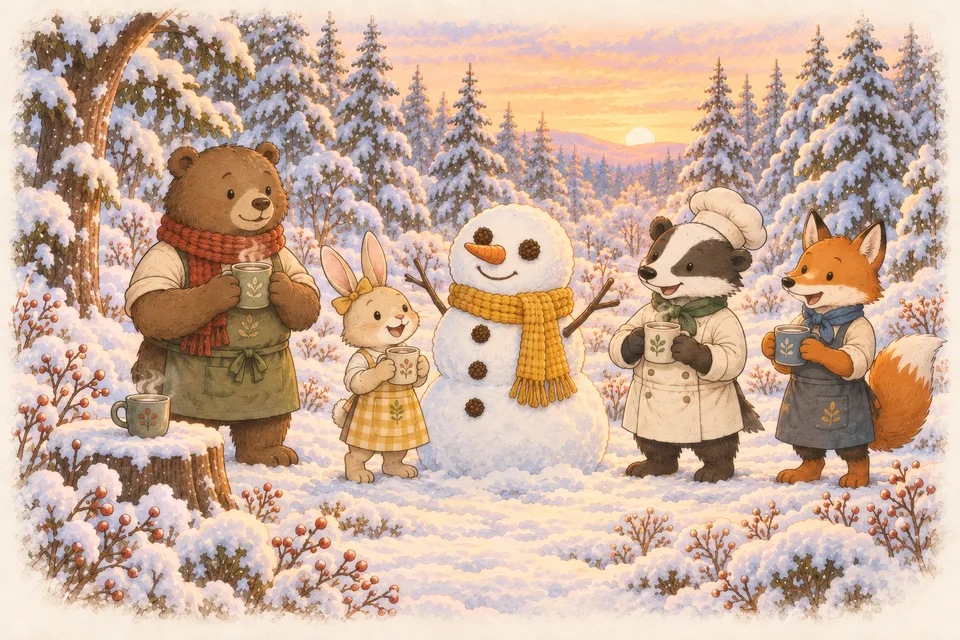 A snowman wearing Lily's yellow scarf while the friends drink hot cocoa in the snowy clearing