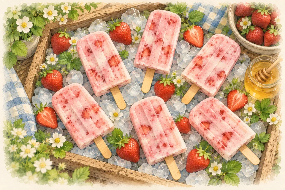 Six pink strawberry yogurt ice pops on wooden sticks on crushed ice, with fresh strawberries