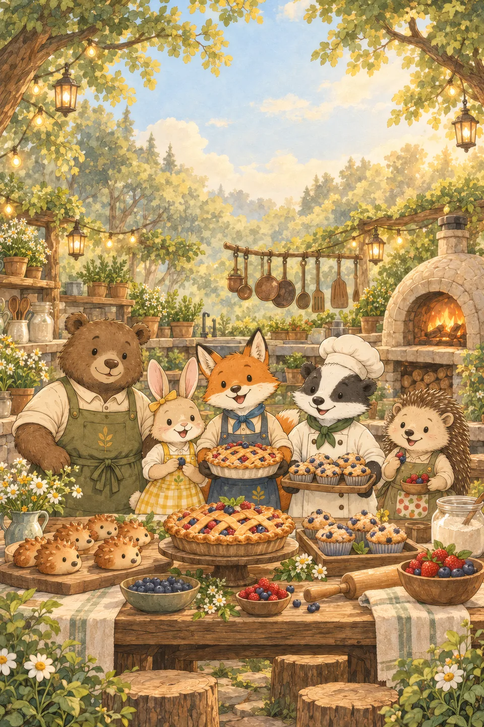 Pies, Buns, and Little Wonders — cover Cover art of Tiny Forest Cooking School Book 1: the five forest friends behind a table full of pies and buns in their forest kitchen