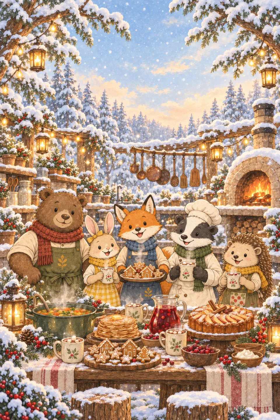 Cover art of Tiny Forest Cooking School Book 2: the forest friends in knitted scarves in a snowy kitchen with warm treats