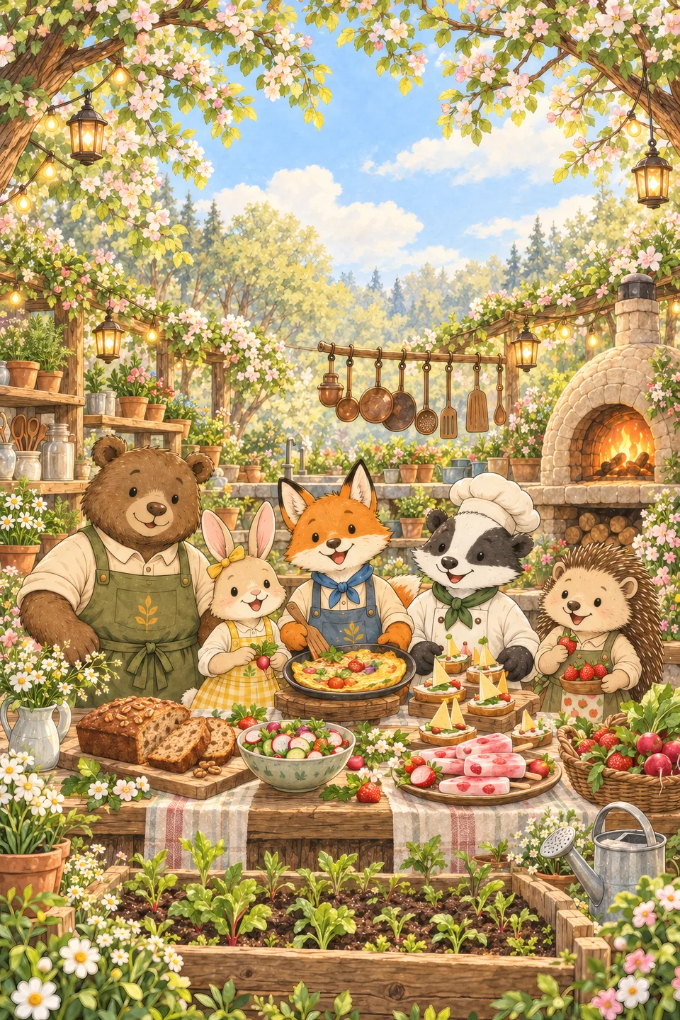 The Spring Garden — cover Cover art of Tiny Forest Cooking School Book 3: the forest friends behind spring dishes, with a vegetable garden bed in front