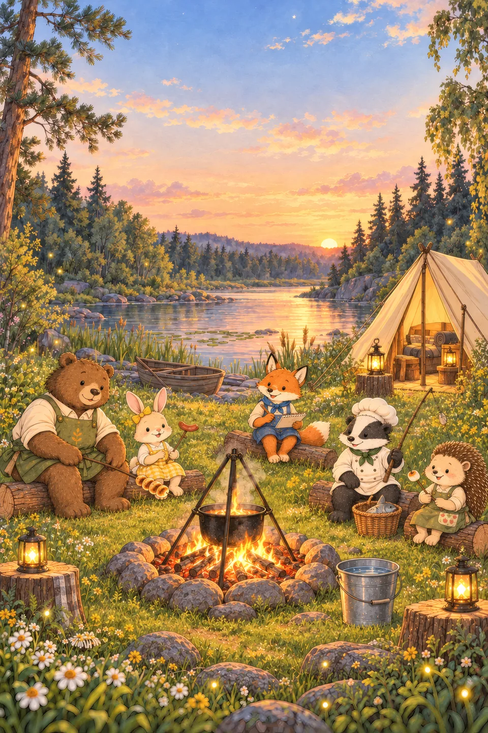 Summer by the River — cover Cover art of Tiny Forest Cooking School Book 4: the forest friends around a campfire with a tent by the river at sunset